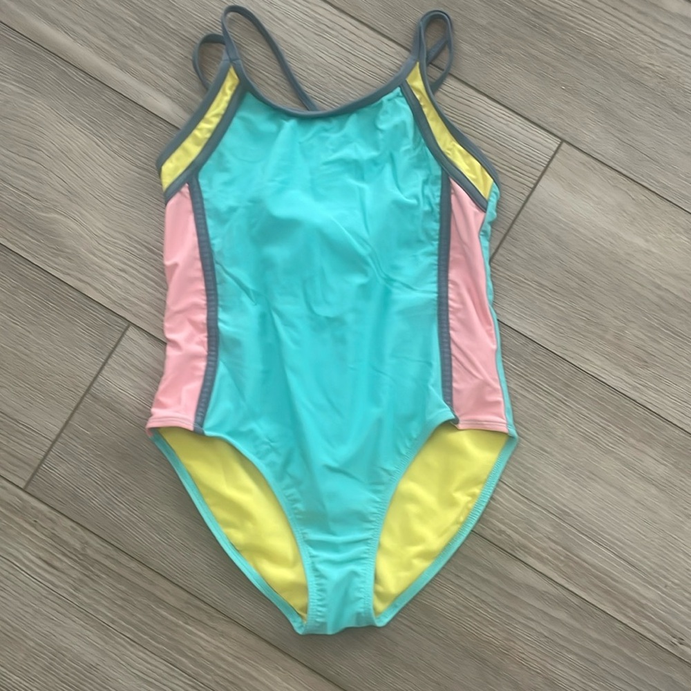 Color block swim suit, turquoise coral yellow, crisscross back, size xl 14/16